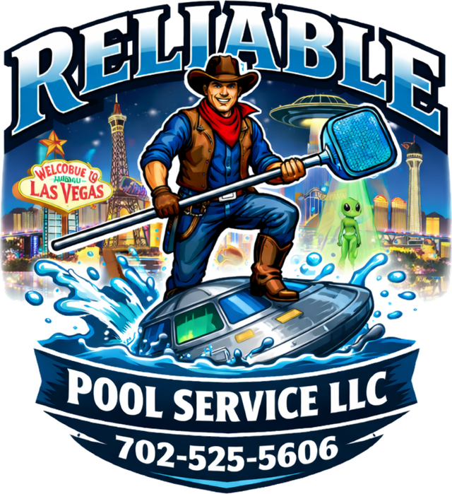 Reliable Pool Service LLC logo: a cowboy pool tech with a skimmer pole over the Las Vegas skyline